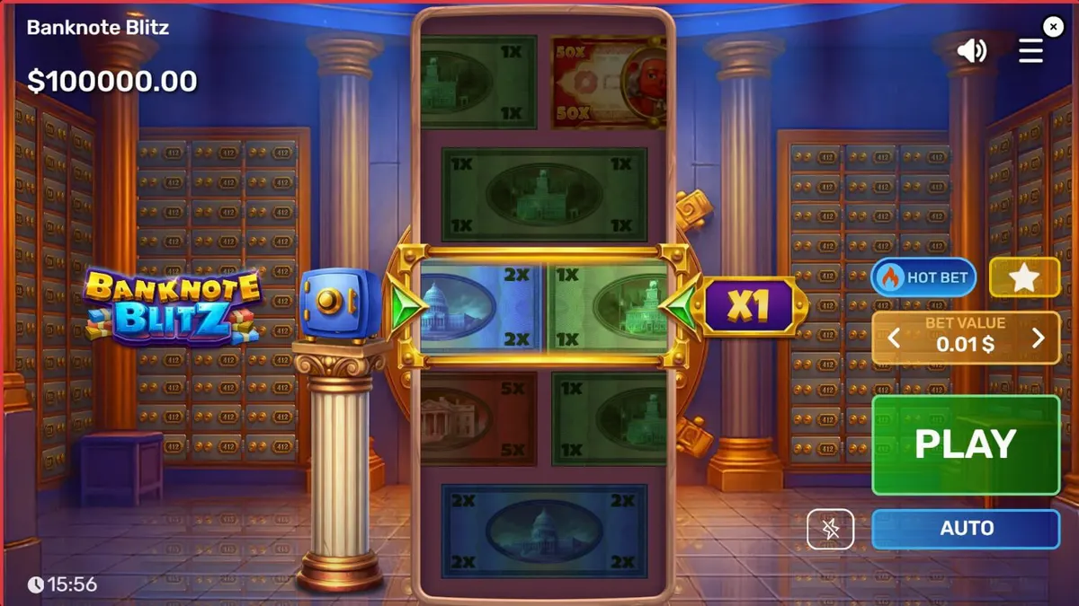 Banknote Blitz slot machine interface with vault theme