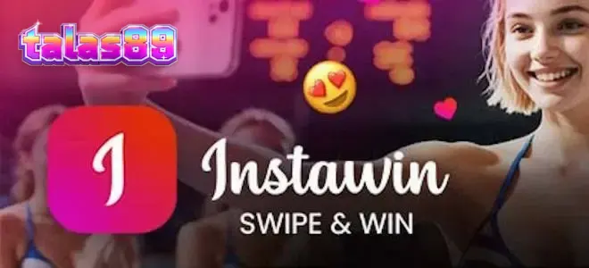 Antarmuka permainan Instawin dengan format kartu pos dan mekanisme geser.